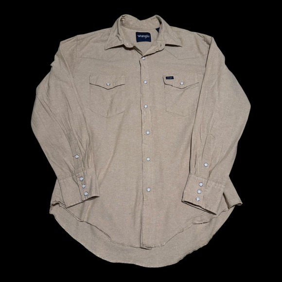 Vintage Wrangler Tan White Pearl Snap 100% Cotton Shirt Men's Large Western - Picture 1 of 10